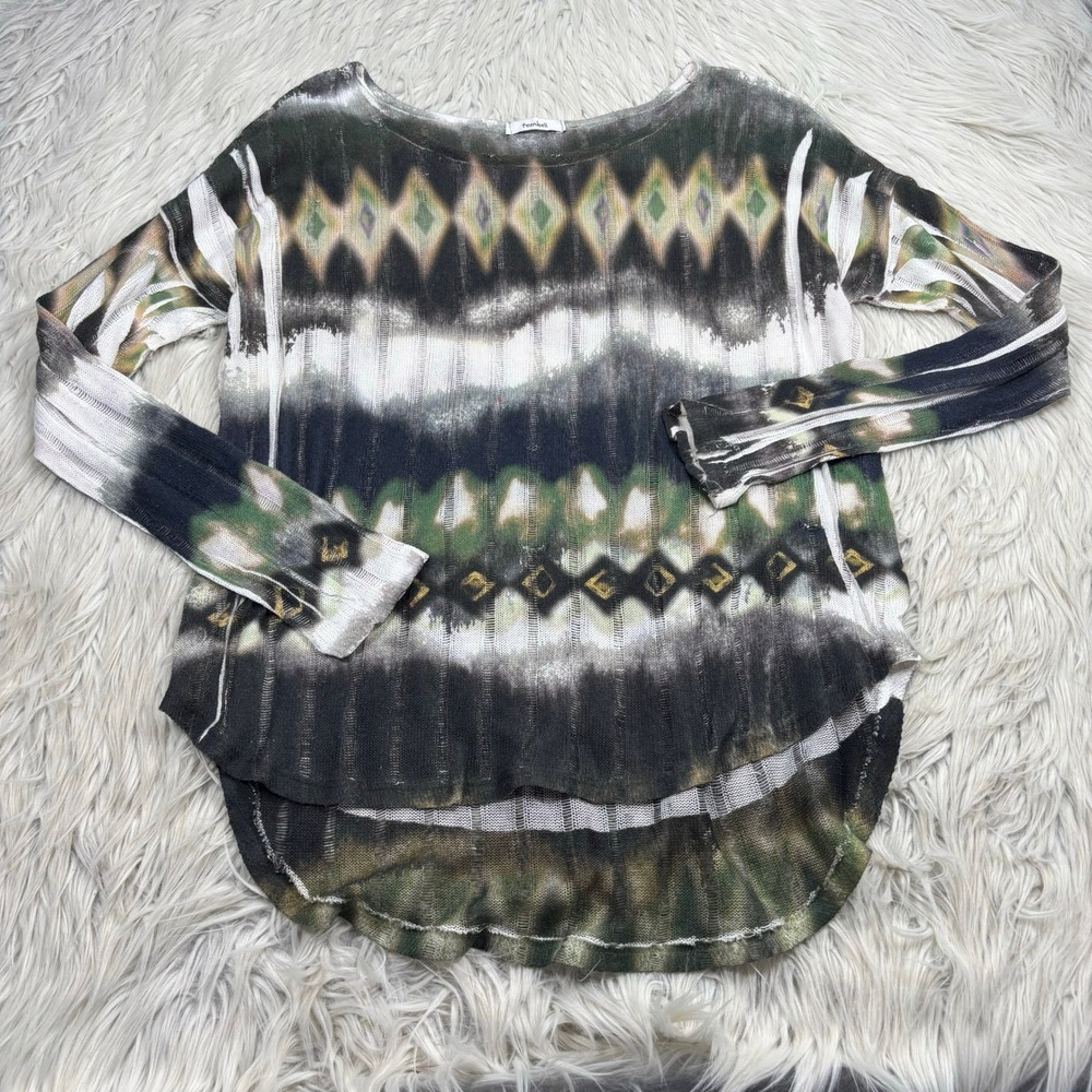 Teenbell Women's M L Shirred Knit Printed Sweater GreenFairy Grunge Boho Artsy